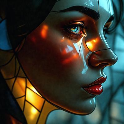 The primary subject of the image is a woman with a red lipstick smile. She is the main focus of the image. The setting is a room with a window, and the visual style is a digital art or illustration. The colors and mood of the image are vibrant and lively, with the woman's red lipstick and the overall atmosphere of the scene.